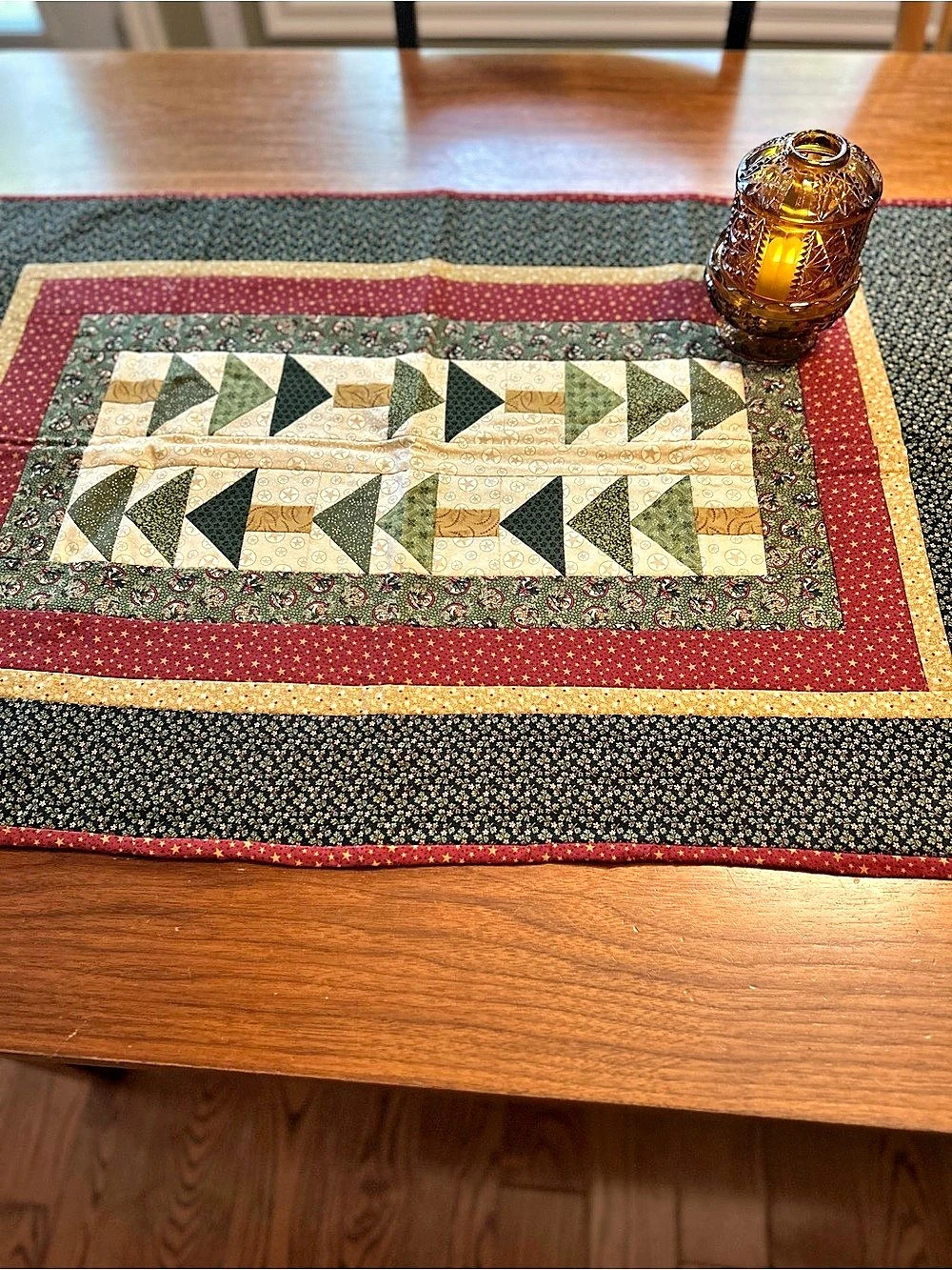Handmade, One of a Kind Quilted Table Runner with Pine Tree Patten in Deep Red &